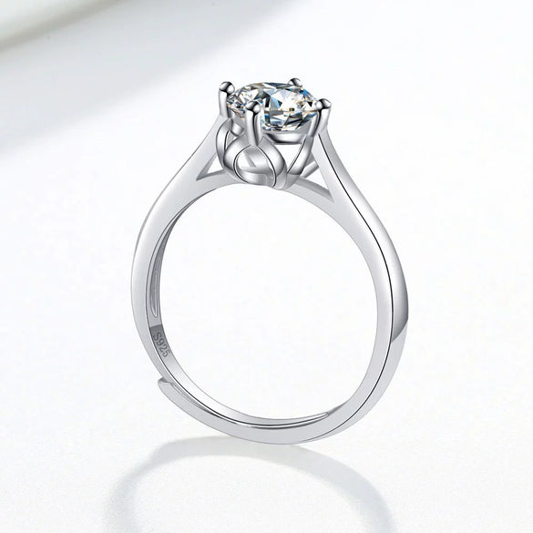 Women's S925 Sterling Silver Geometric Flower And Leaf Open Ring With Four Claw Detail Electroplated Fashion Jewelry