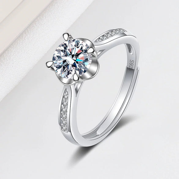 Women's S925 Sterling Silver Geometric Four Claw Full Diamond Adjustable Open Ring With Electroplated Finish