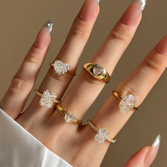 Women's S925 Sterling Silver Geometric Heart Shape Cut Zircon Electroplated Ring