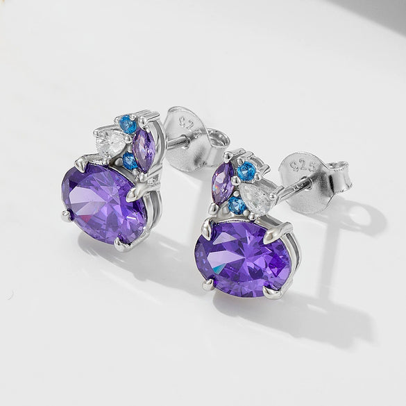 Women's S925 Sterling Silver Geometric Horse Eye Oval Purple Zircon Earrings With Diamond Design