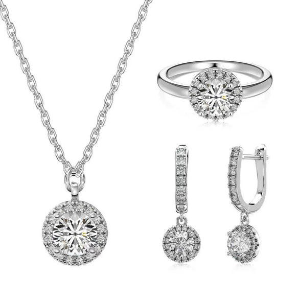 Women's S925 Sterling Silver Geometric Ice Flower Cut Zircon Jewelry Set Ring Necklace Earrings With Electroplating