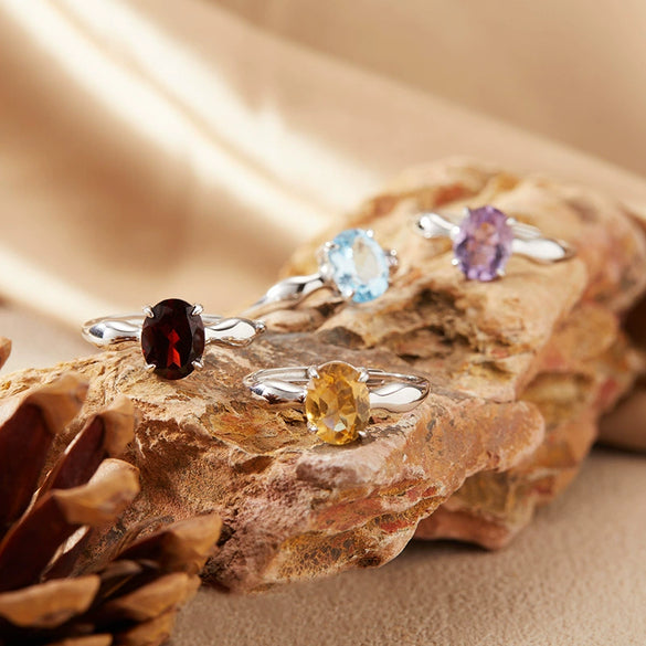 Women's S925 Sterling Silver Geometric Natural Topaz Garnet Citrine Amethyst Ring Set With Crystal