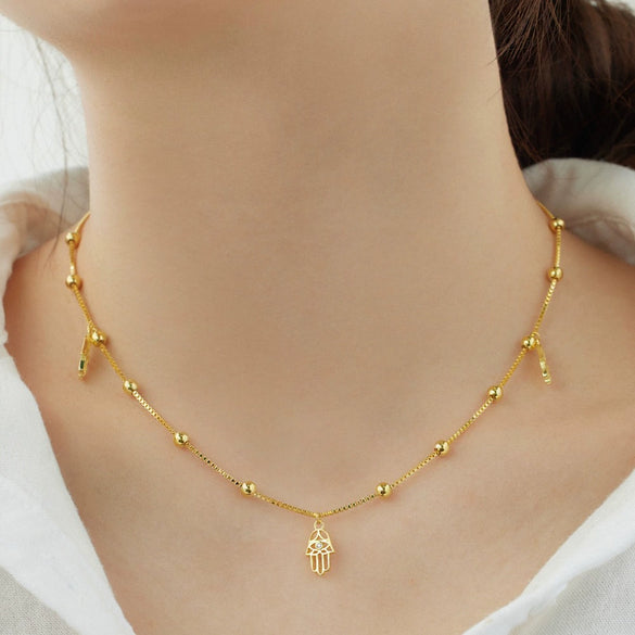 Women's S925 Sterling Silver Geometric Palm Shape Cut Out Ball Chain Necklace With Electroplating