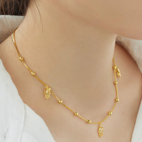 Women's S925 Sterling Silver Geometric Palm Shape Cut Out Ball Chain Necklace With Electroplating