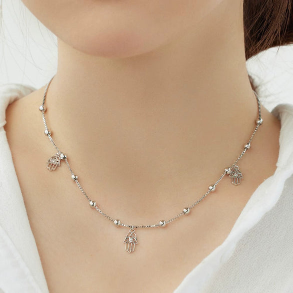 Women's S925 Sterling Silver Geometric Palm Shape Cut Out Ball Chain Necklace With Electroplating