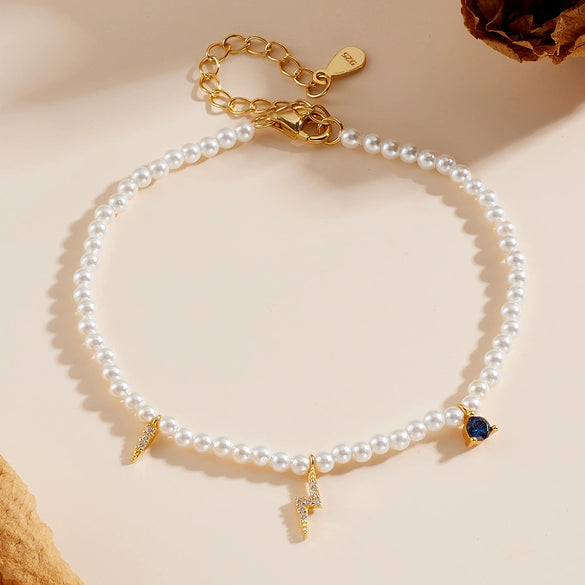 Women's S925 Sterling Silver Geometric Pearl Bracelet With Diamond Treatment