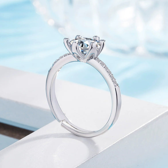 Women's S925 Sterling Silver Geometric Ring With Micro Inlaid Stone Six Claw Setting Electroplated Adjustable Open Band Jewelry