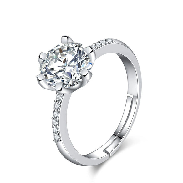 Women's S925 Sterling Silver Geometric Ring With Micro Inlaid Stone Six Claw Setting Electroplated Adjustable Open Band Jewelry