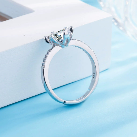 Women's S925 Sterling Silver Geometric Ring With Micro Inlaid Stone Six Claw Setting Electroplated Adjustable Open Band Jewelry