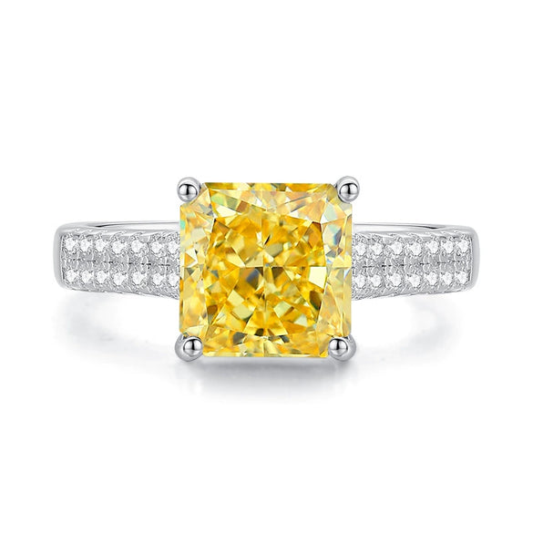 Women's S925 Sterling Silver Geometric Style Fourclaw Yellow Diamond Small Square Sugar Diamond Ring Minimalist Design