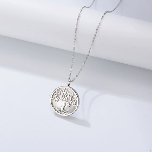 Women's S925 Sterling Silver Geometric Tree Of Life Pendant Necklace With Cross Chain And Natural Shell