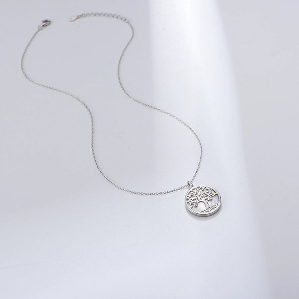 Women's S925 Sterling Silver Geometric Tree Of Life Pendant Necklace With Cross Chain And Natural Shell