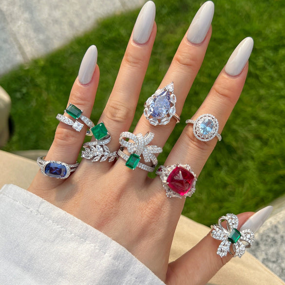 Women's S925 Sterling Silver Geometric Water Drop Bow Ring With Colorful Pagoda Zircon And Exquisite Gemstone Electroplated