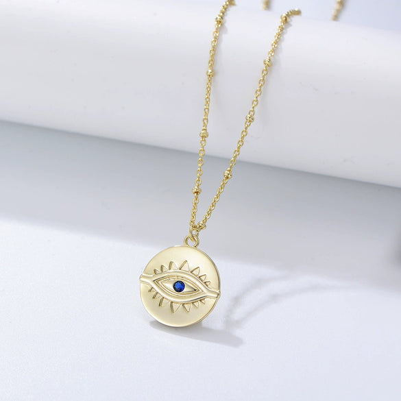 Women's S925 Sterling Silver Gold Plated Vintage Eye Coin Necklace Geometric Round Pendant Cross Chain Collarbone Necklace
