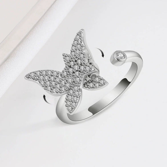 Women's S925 Sterling Silver Gold Tone Butterfly Rotating Ring Adjustable Open Ring Electroplated Anxiety Relief Ring
