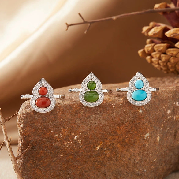 Women's S925 Sterling Silver Gourd Shaped Colored Gemstone Ring Set With Gems