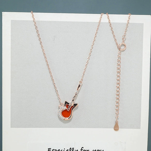 Women's S925 Sterling Silver Guitar Pendant Necklace Elegant All Match Clavicle Chain With Diamond Cut Design