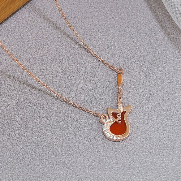 Women's S925 Sterling Silver Guitar Pendant Necklace Elegant All Match Clavicle Chain With Diamond Cut Design