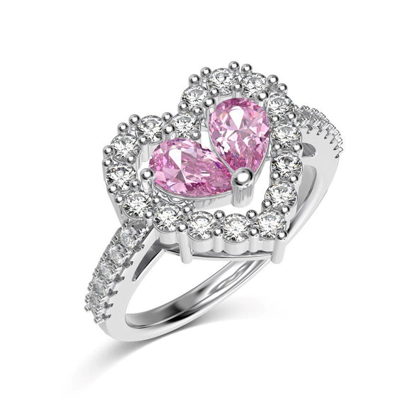Women's S925 Sterling Silver Heart Shape Ring With Pink Love Zircon Design And Electroplating Treatment