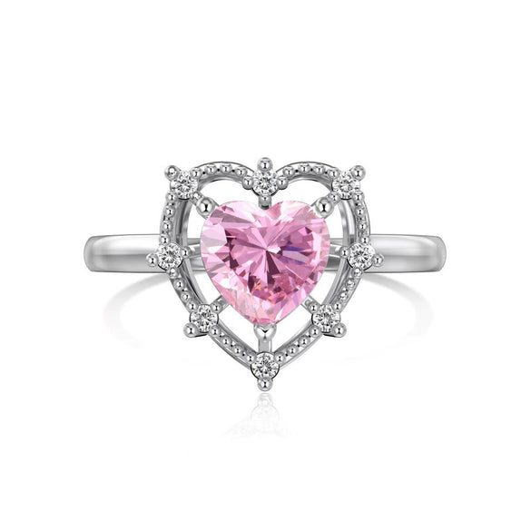 Women's S925 Sterling Silver Heart Shape Ring With Pink Love Zircon Design And Electroplating Treatment