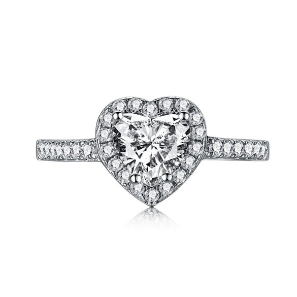Women's S925 Sterling Silver Heart Shaped Ring With Spot Full Simulation Diamond Love Design Electroplated