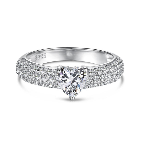 Women's S925 Sterling Silver Heart Shaped Zircon Ring Fashion Sweet Style Electroplated