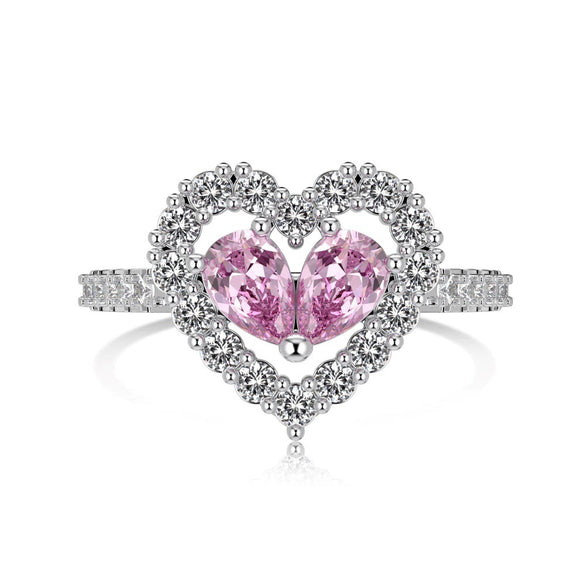 Women's S925 Sterling Silver Heart Shaped Zircon Ring Fashion Sweet Style Electroplated