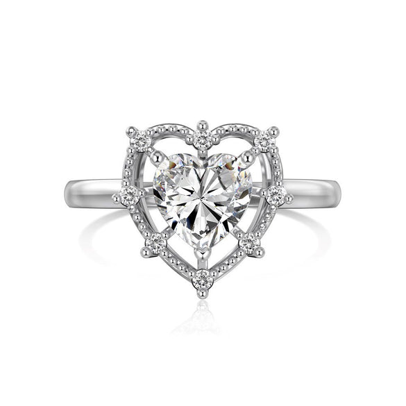 Women's S925 Sterling Silver Heart Shaped Zircon Ring Fashion Sweet Style Electroplated