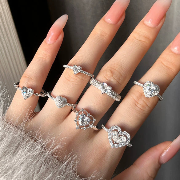 Women's S925 Sterling Silver Heart Shaped Zircon Ring Fashion Sweet Style Electroplated
