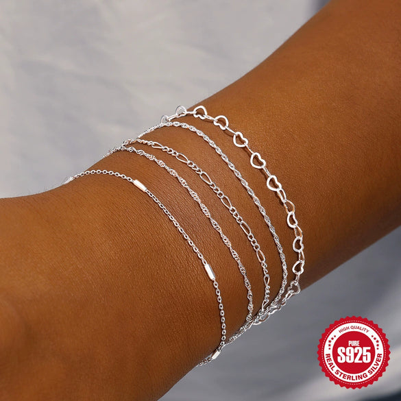Women's S925 Sterling Silver Hemp Rope Chain Heart Shaped Diy Combination Bracelet With Electroplating