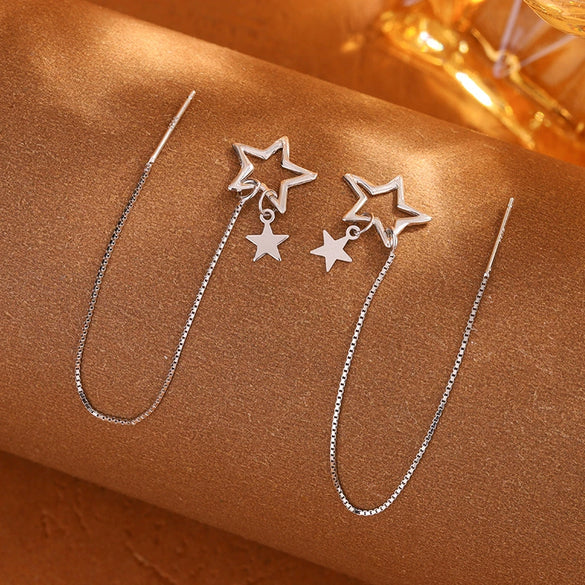 Women's S925 Sterling Silver Hollow Star Long Tassel Earrings Simple Elegant Statement Drop Earrings