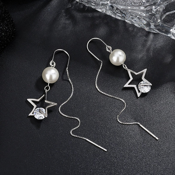 Women's S925 Sterling Silver Hollow Star Pearl Tassel Ear Line Earrings Light Luxury Long Dangle Earrings