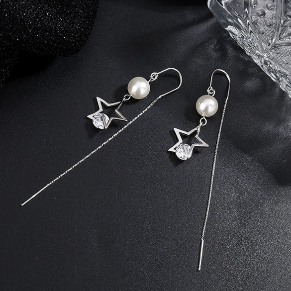 Women's S925 Sterling Silver Hollow Star Pearl Tassel Ear Line Earrings Light Luxury Long Dangle Earrings