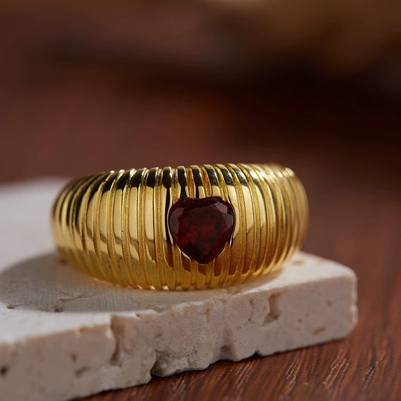 Women's S925 Sterling Silver Inlaid Natural Garnet Diopside Topaz Heart Ring With Geometric And Floral Patterns