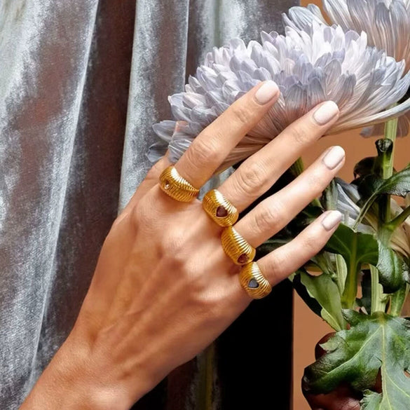 Women's S925 Sterling Silver Inlaid Natural Garnet Diopside Topaz Heart Ring With Geometric And Floral Patterns