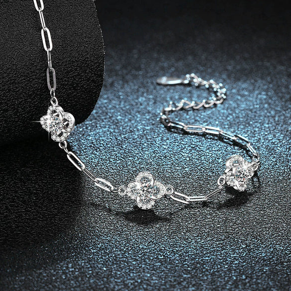 Women's S925 Sterling Silver Moissanite Flower Shaped Set With Diamonds Bracelet