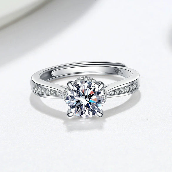 Women's S925 Sterling Silver Moissanite Ring Geometric Four Claw Adjustable Open Ring With Electroplated Finish