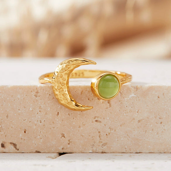 Women's S925 Sterling Silver Moon Shape Ring Set With Natural Jasper Gemstones