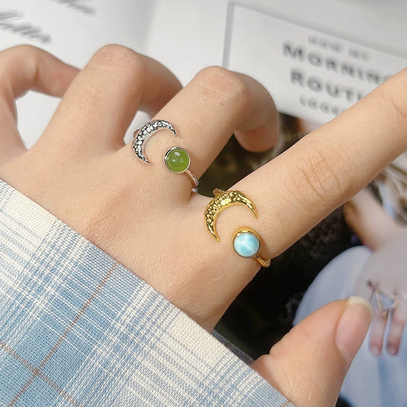 Women's S925 Sterling Silver Moon Shape Ring Set With Natural Jasper Gemstones