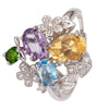 Women's S925 Sterling Silver Multicolor Gemstone Ring With Crystal And Flower Design Set With Crystal