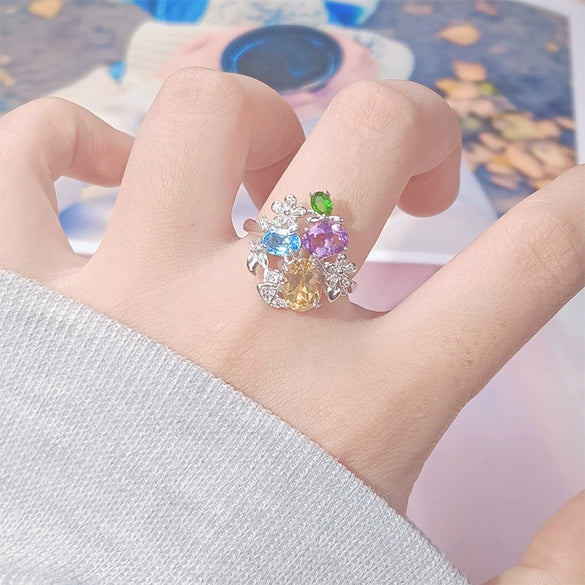 Women's S925 Sterling Silver Multicolor Gemstone Ring With Crystal And Flower Design Set With Crystal