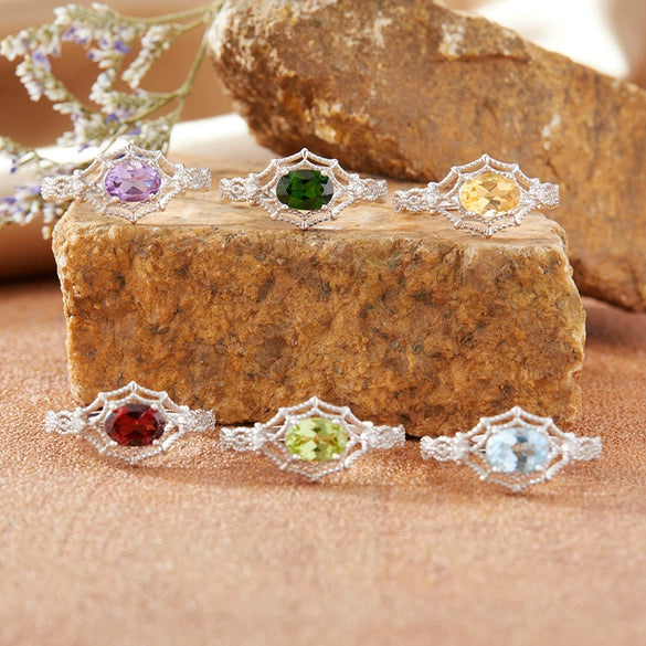 Women's S925 Sterling Silver Natural Amethyst Citrine Gemstone Ring With Spider Web Shape And Artistic Style