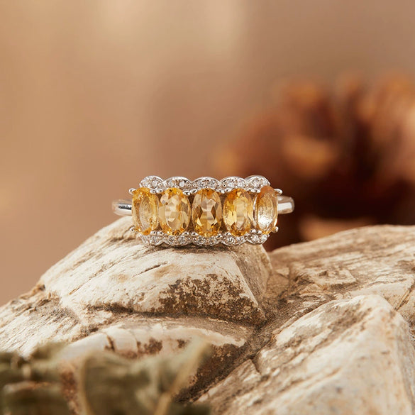 Women's S925 Sterling Silver Natural Citrine Geometric Crystal Set Ring Highend Sweet Style Jewelry