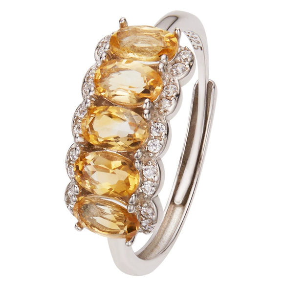 Women's S925 Sterling Silver Natural Citrine Geometric Crystal Set Ring Highend Sweet Style Jewelry