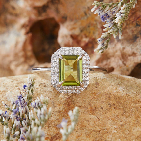 Women's S925 Sterling Silver Natural Colored Gemstone Ring With Crystal Sugar Cube Shape Geometric Pattern Set With Crystals Style