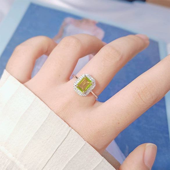 Women's S925 Sterling Silver Natural Colored Gemstone Ring With Crystal Sugar Cube Shape Geometric Pattern Set With Crystals Style