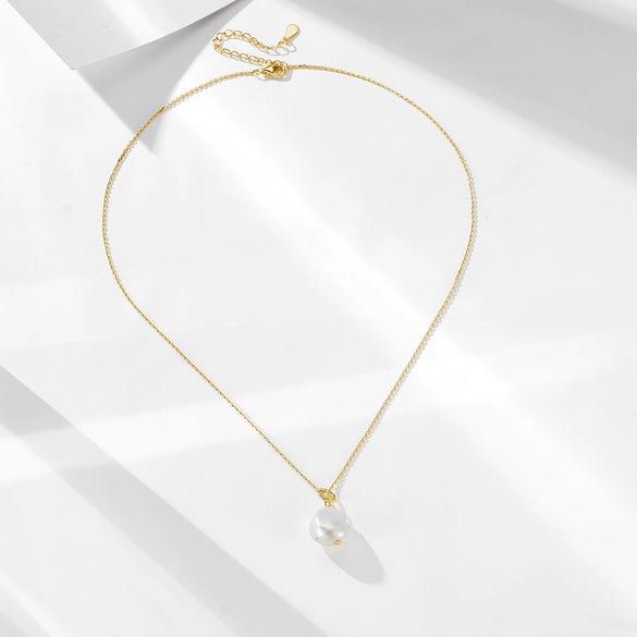 Women's S925 Sterling Silver Natural Freshwater Pearl Geometric Baroque Asymmetrical Pendant Clavicle Chain Set With Diamonds