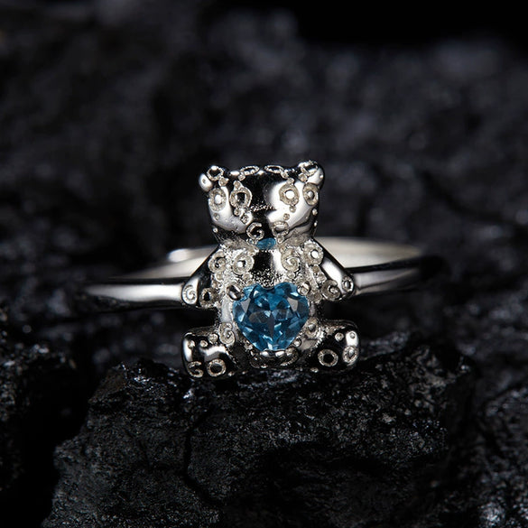 Women's S925 Sterling Silver Natural Gemstone Ring With Bear Love Open Design Geometric Cartoon Characters Style
