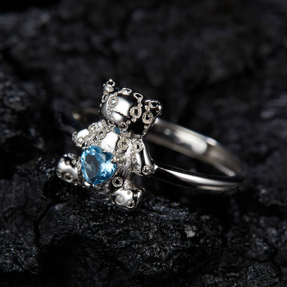 Women's S925 Sterling Silver Natural Gemstone Ring With Bear Love Open Design Geometric Cartoon Characters Style