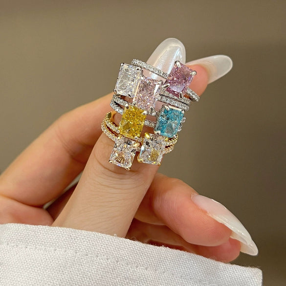 Women's S925 Sterling Silver Rectangular Geometric Style Ring With 8A Ice Flower Zirconium Simulated High Carbon Diamond Electroplated
